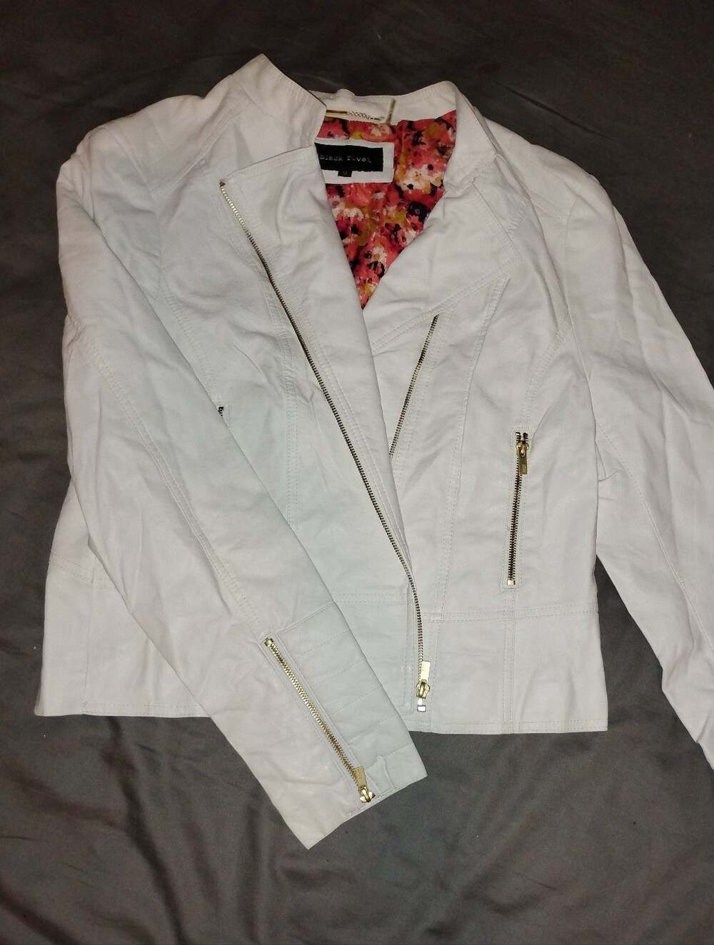 Creamy White Leather Jacket with Floral Lining By Black Rivet